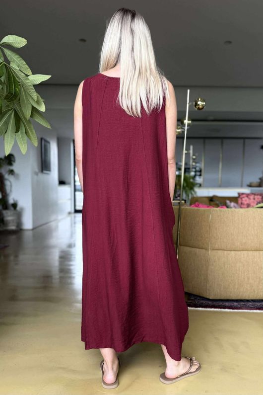 Made in Italy Aster Pocketed Cocoon Dress Burgundy
